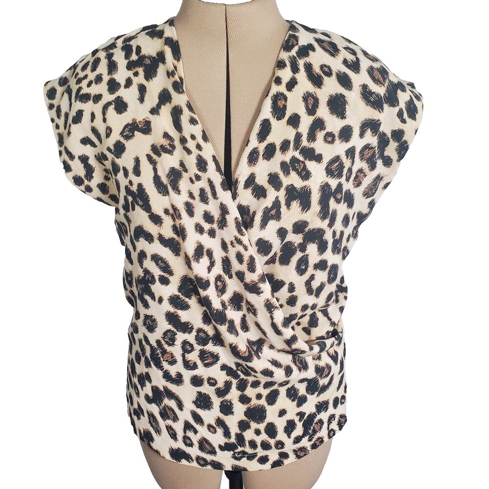 Zara Women’s Top Size Medium Cream Black Leopard Print Faux Wrap Animal Print